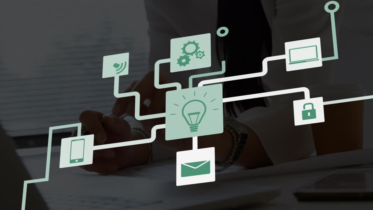 Animation of network of digital icons over mid section of a woman working on her plan at office