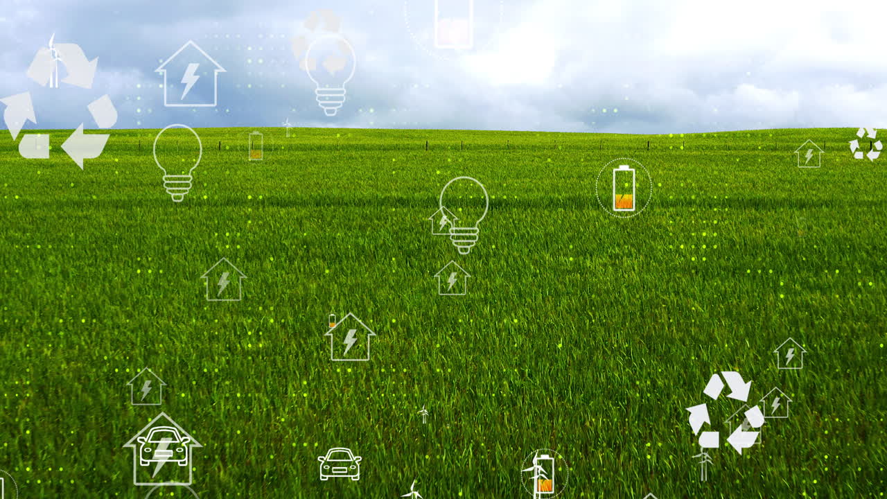 초록색 에너지 아이콘이 울창한  위에 있습니다.