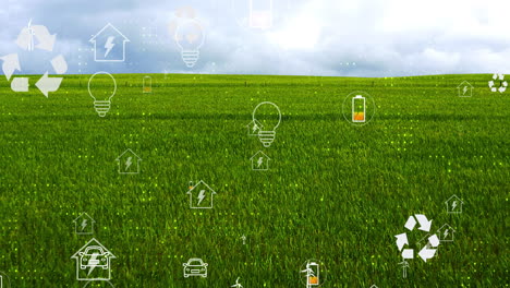 iconos de energía verde sobre un campo exuberante