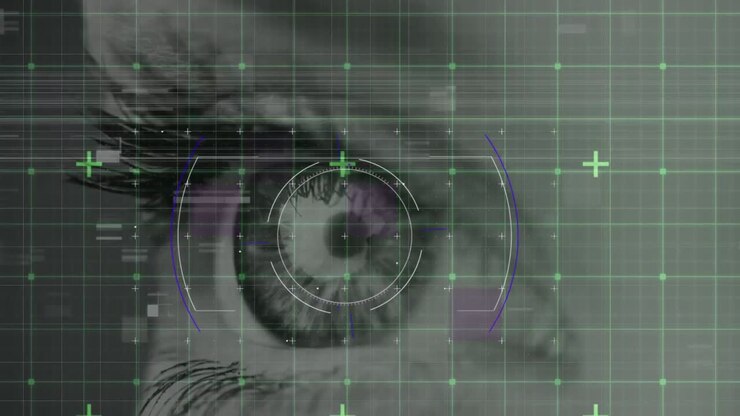 Grid network and round scanner over close up of female eye