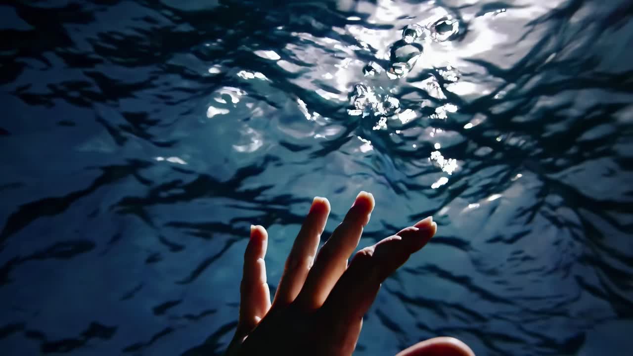 A hand reaching towards shimmering water, captured from a low angle