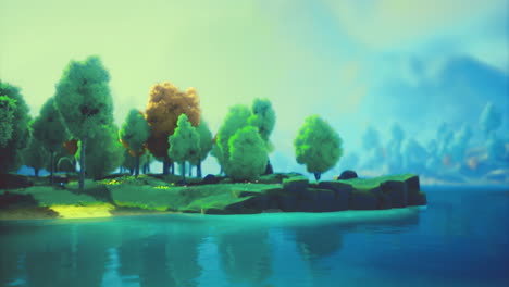serene lakeside view with lush trees and calm water under bright sky
