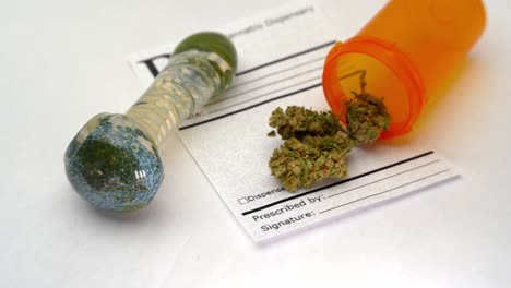 una pipa de vidrio sobre una mesa blanca con cogollos de marihuana derramándose de una botella naranja sobre una nota de prescripción