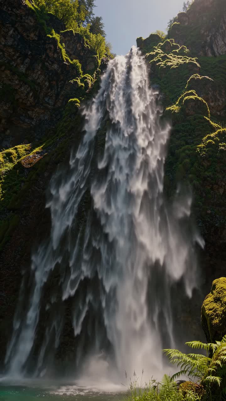 Una splendida visuale dal basso angolo di una cascata che scorre circondata da una vegetazione lussureggiante, perfetta per un tema naturalistico