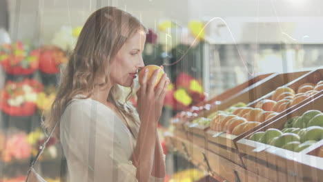 animation of financial data processing over caucasian woman shopping in grocery store