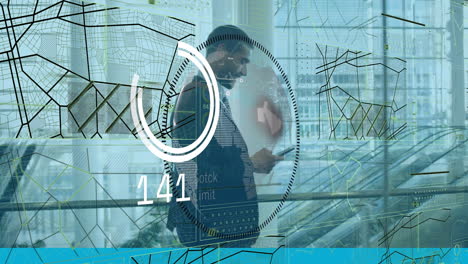 Animation of globe in circle, numbers, navigation pattern, caucasian man walking and using cellphone