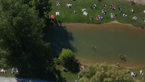 Nice-aerial-top-view-flight-schwabinger-stream
English-Garden-Munich-Germany-Bavarian,-summer-sunny-blue-sky-day-23