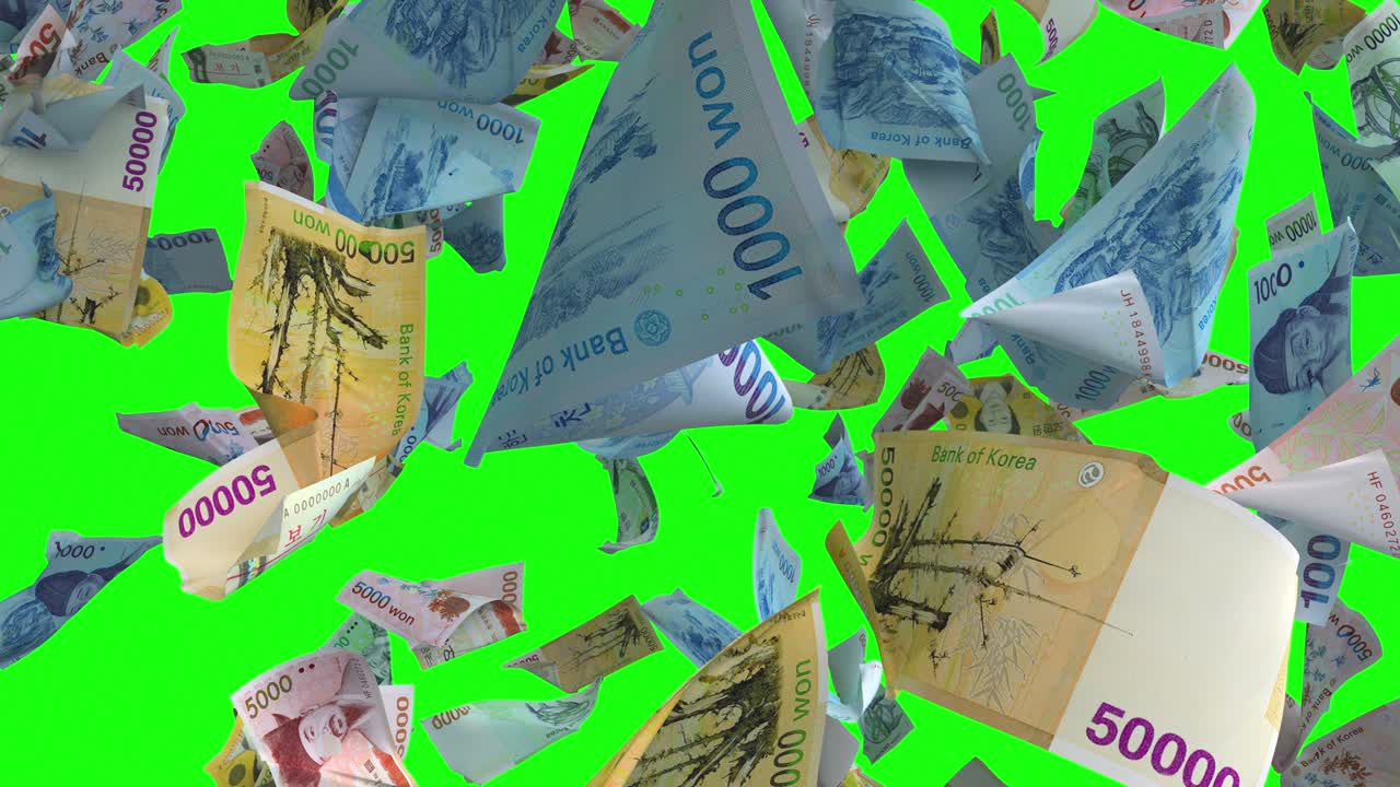 Falling banknotes South Korean Won currency on Green Chroma Key 4K Loop
