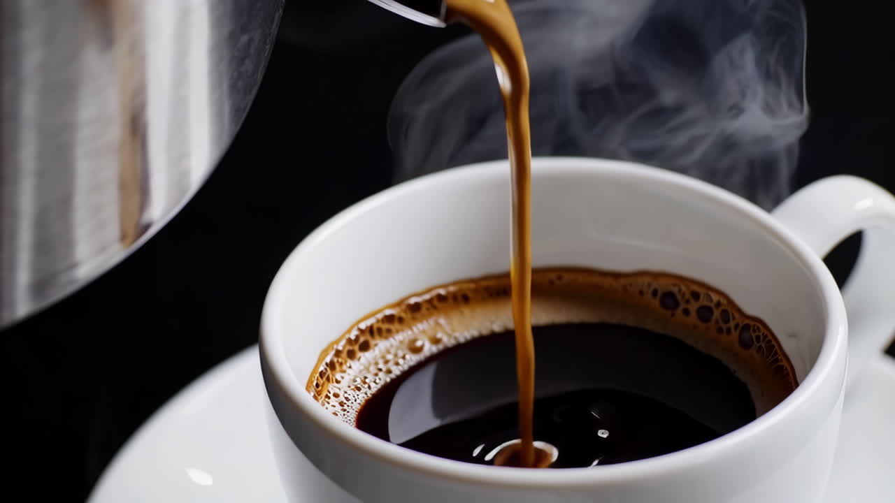 Hot Coffee Pouring into a White Cup