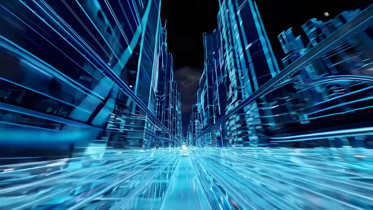 Futuristic cityscape video with a dynamic, low-angle view, showcasing neon-lit skyscrapers