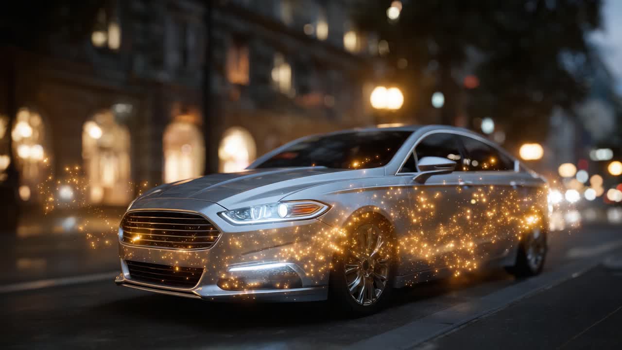 Una transformación impactante: un coche plateado que resplandece con polvo mágico, que pasa a tener un aspecto dorado brillante en una calle vibrante de la ciudad al atardecer