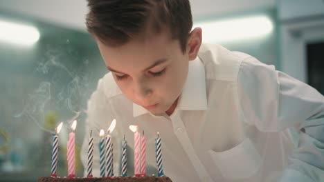 boy blowing candle on birthday cake. happy birthday boy blowing candle flame