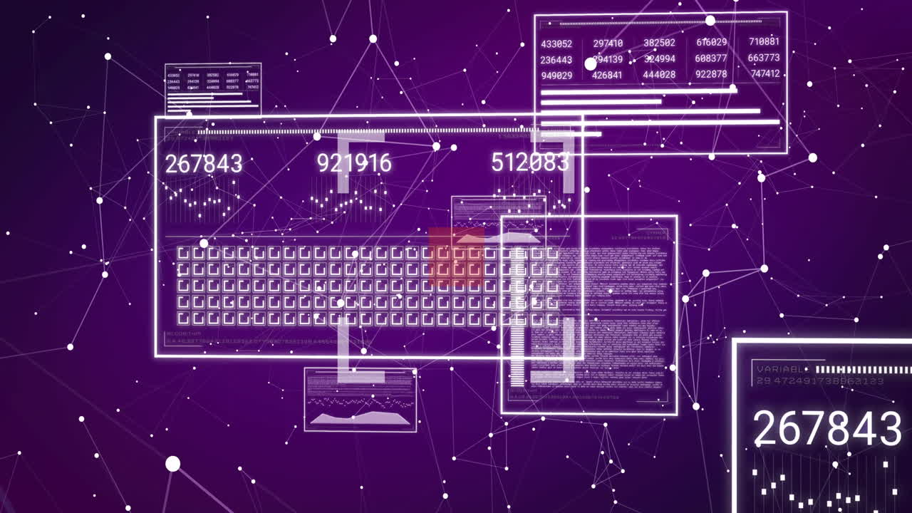 Translucent UI panel floating over purple network, showing numeric readouts, charts and code
