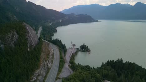 Aerial-view-of-Howe-Sound-Coastline-and-Trans-Canada-Highway,-Squamish,-BC,-Canada