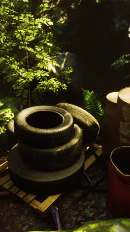 old tires and barrels in the forest