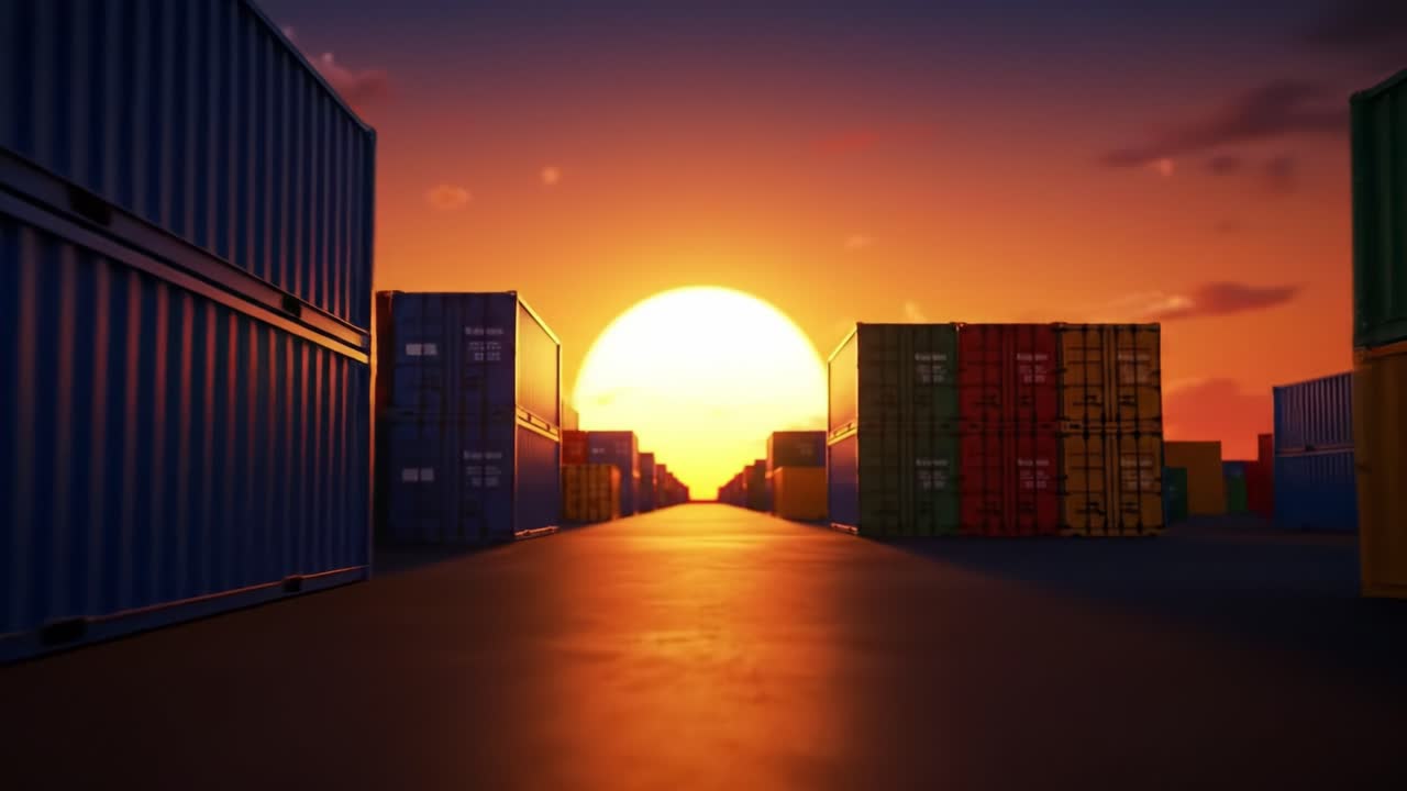 A Tranquil Sunset Overcolorful Shipping Containers, Illuminating a Path Through the Maritime Maze, Capturing the Essence of Port Operations and Global Trade Dynamics