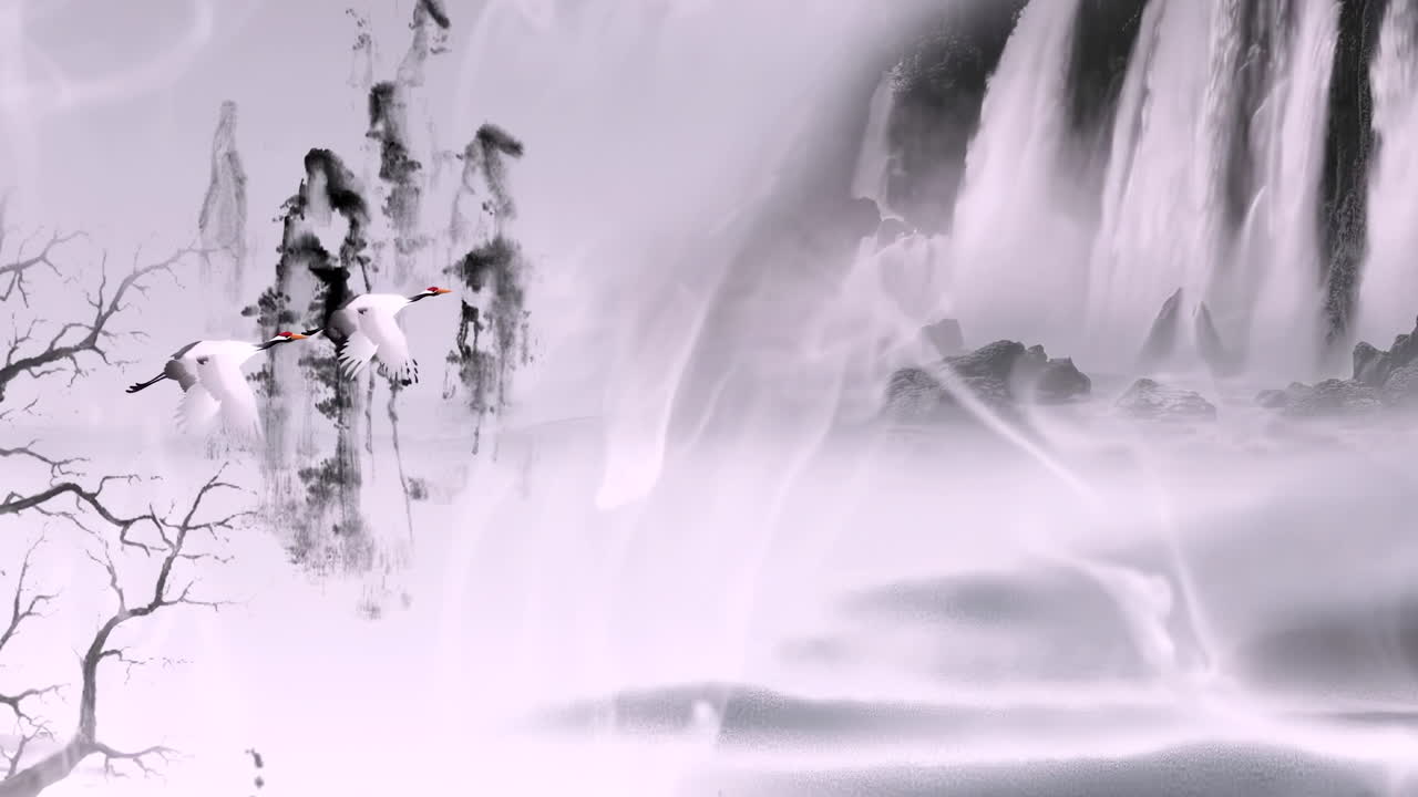 낮에는 고대 중국 전통 일본 풍경 잉크 그림 아름다운 평온한 나무, 산, 꽃, 호수, 물, 새, 파란 하늘, 배, 체리 꽃의 계절