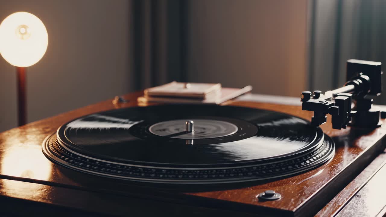 Giradischi vintage che riproduce un disco in vinile, ripreso da un'angolazione bassa