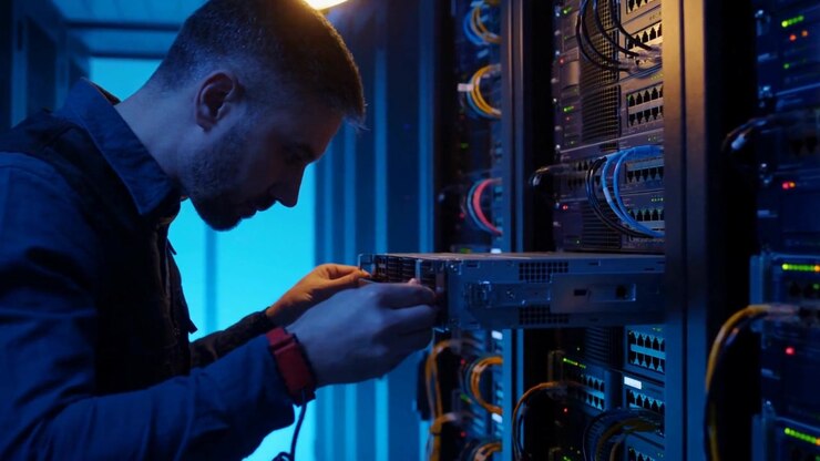 Tekniker, der reparerer netværkskabler i et serverrack, futuristisk teknologitema med jævne bevægelser