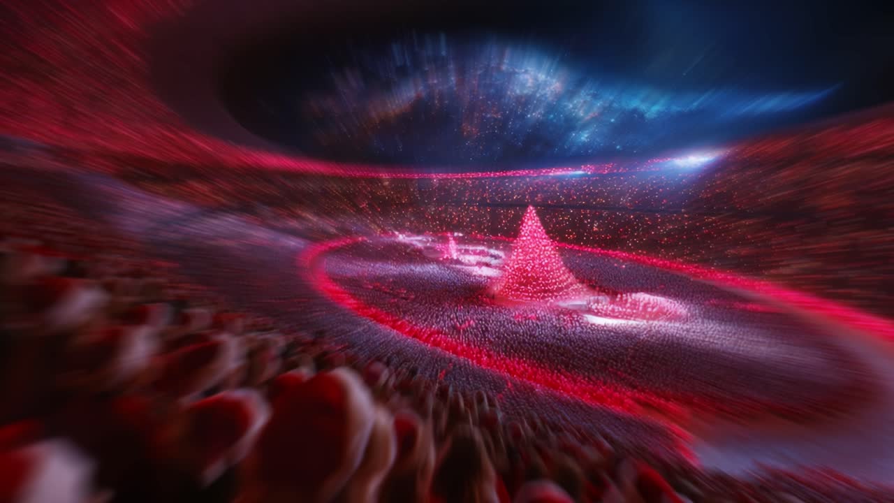 A breathtaking spectacle filled with vibrant red lights and a majestic glowing pyramid formation captivates the audience in the arena, surrounded by a mesmerizing cosmic backdrop that enhances the festive atmosphere