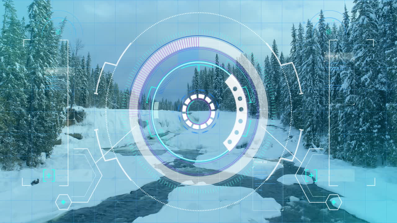 Animazione di elaborazione di dati finanziari su paesaggio invernale con fiume