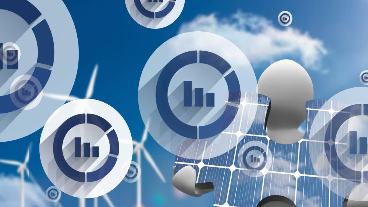 animación de iconos flotantes con gráficos sobre el hombre con rompecabezas y turbinas eólicas