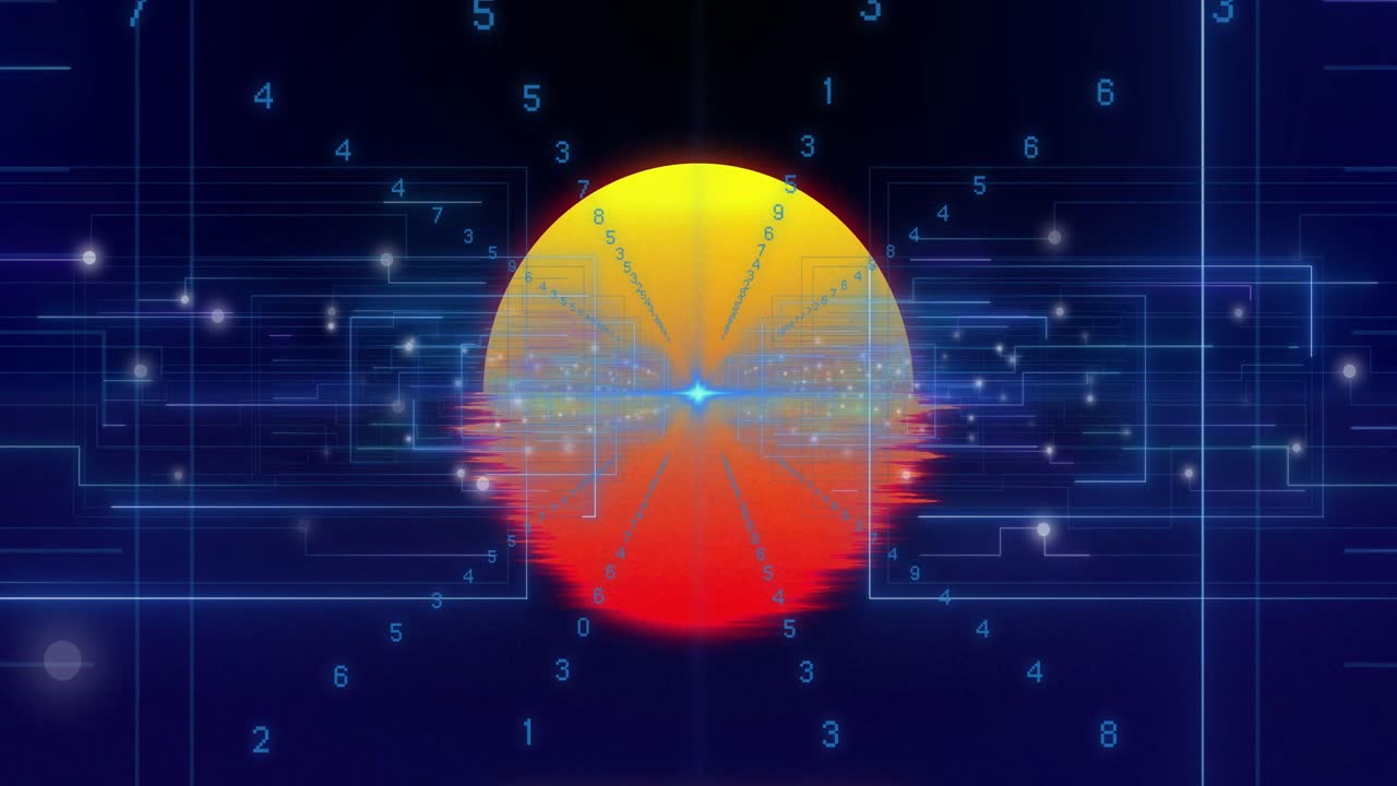 Flash blu che avvia un'orbita di dati che forma circuiti, archi che si trasformano, riflesso pulsante, estraendo dati