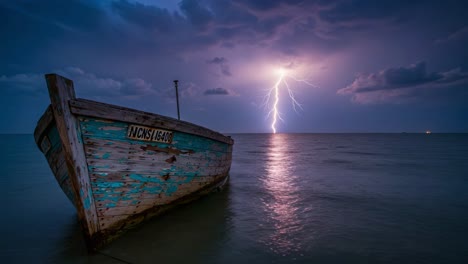 a striking contrast of nature: a weathered boat amidst a thunderous sky and echoing waves, showcasing the dance of lightning and shadows at dusk