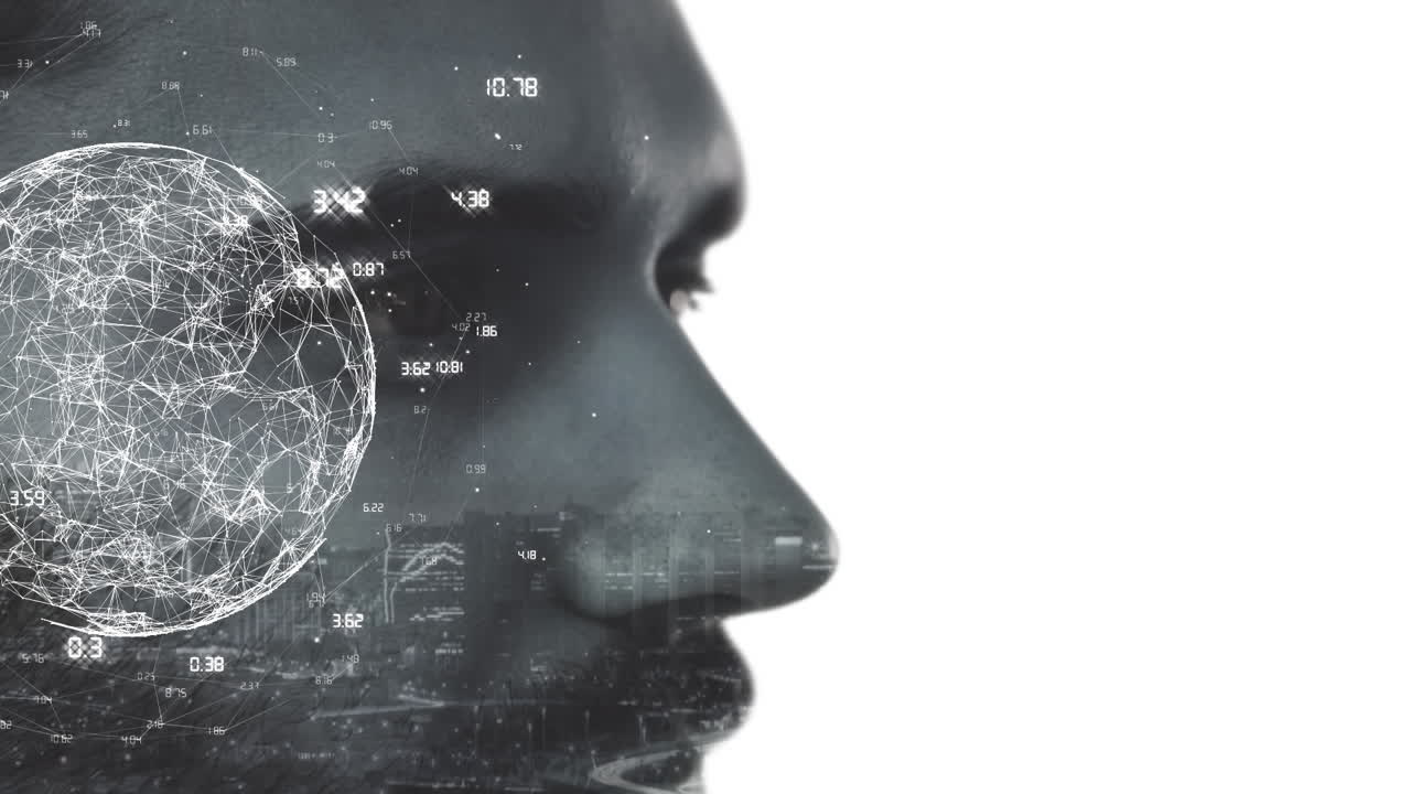 Animation of scope with network of connections over man face