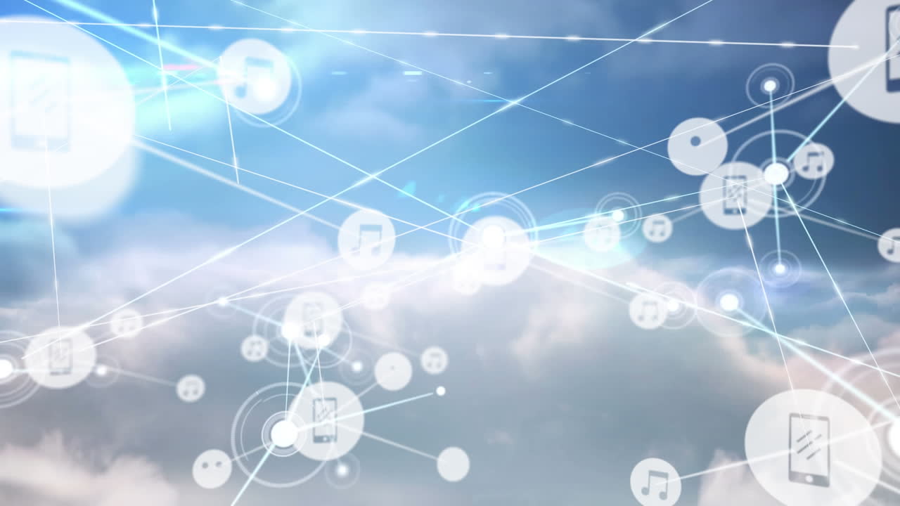 Animation of networks of connections with icons over sky