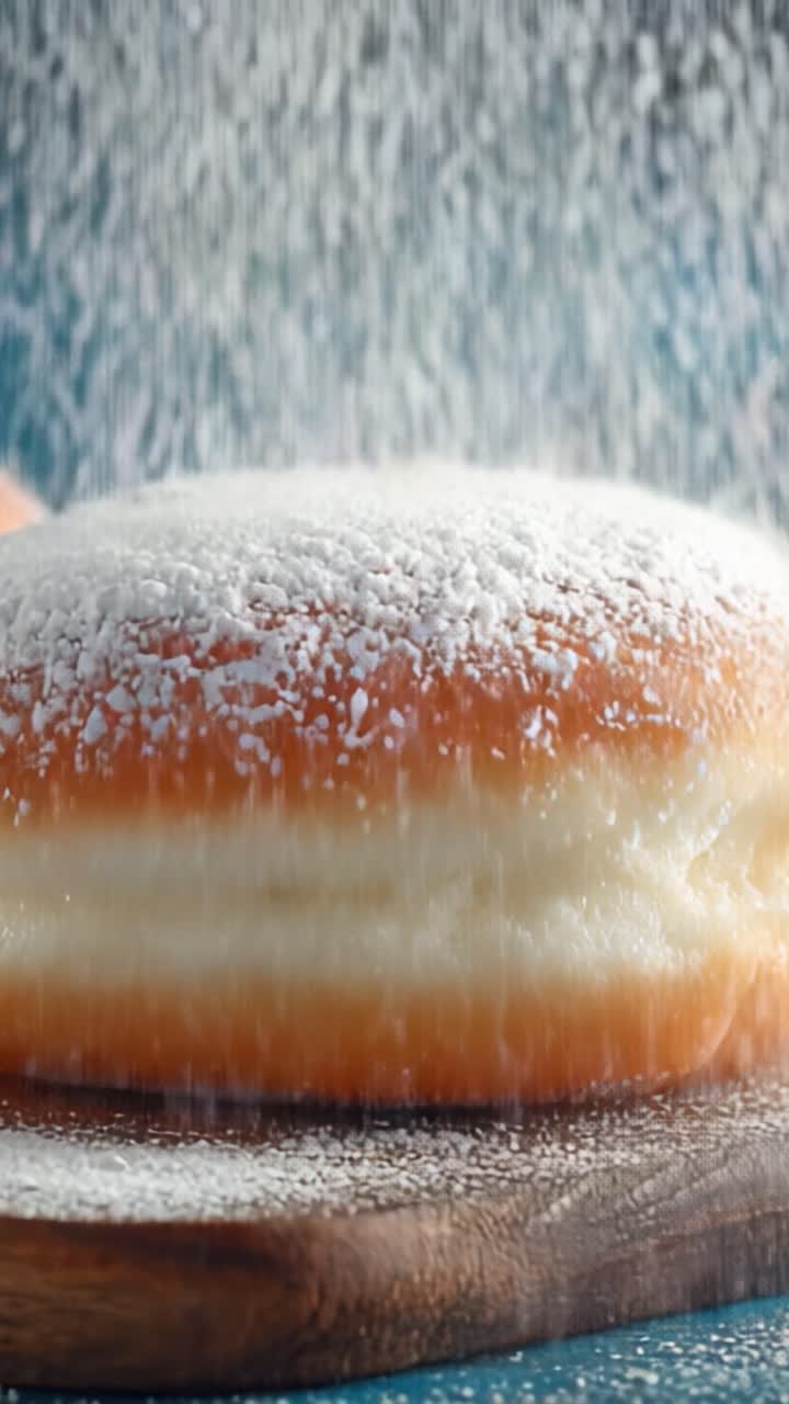 Köstlich-fluffiger Donut mit einer Puderzuckerschicht, in zwei schönen Aufnahmen festgehalten, die seine unwiderstehliche Textur und seinen süßen Reiz hervorheben.