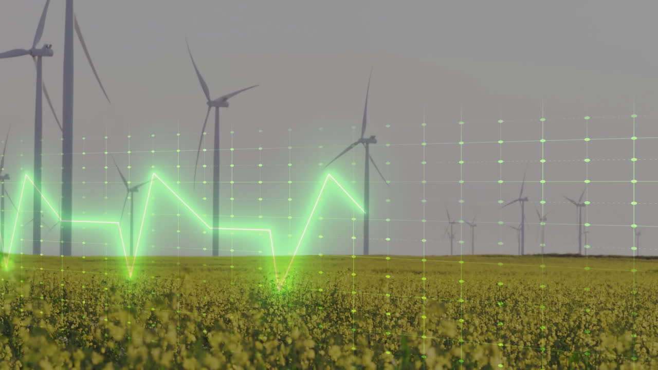 Wind turbine rising over yellow field, showing neon green line chart overlay animated illustration