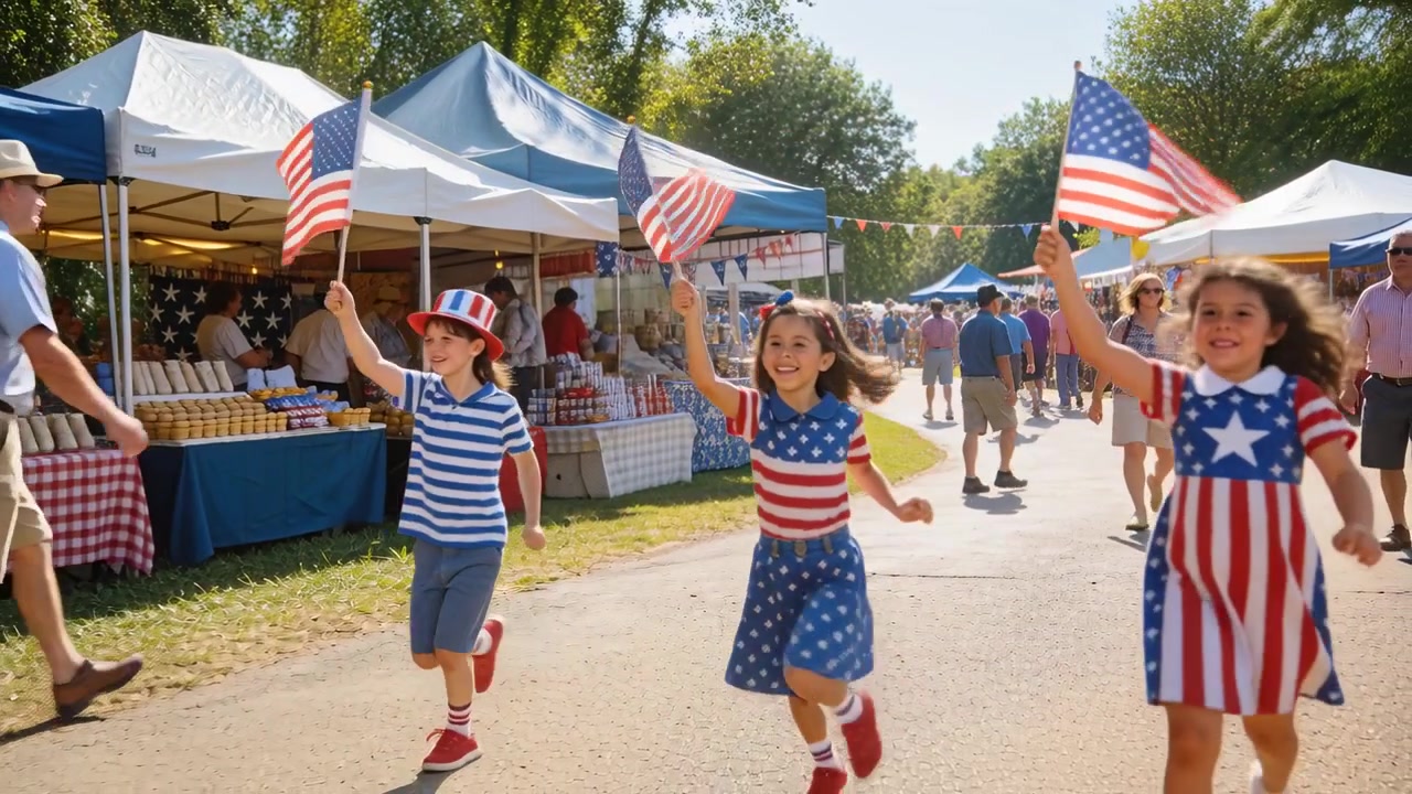 Running children wearing flag shirts and waving American flags along fair path, celebrating