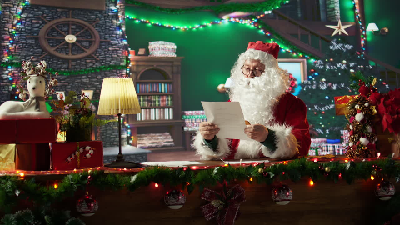 Santa Claus Reading Letters in His Workshop