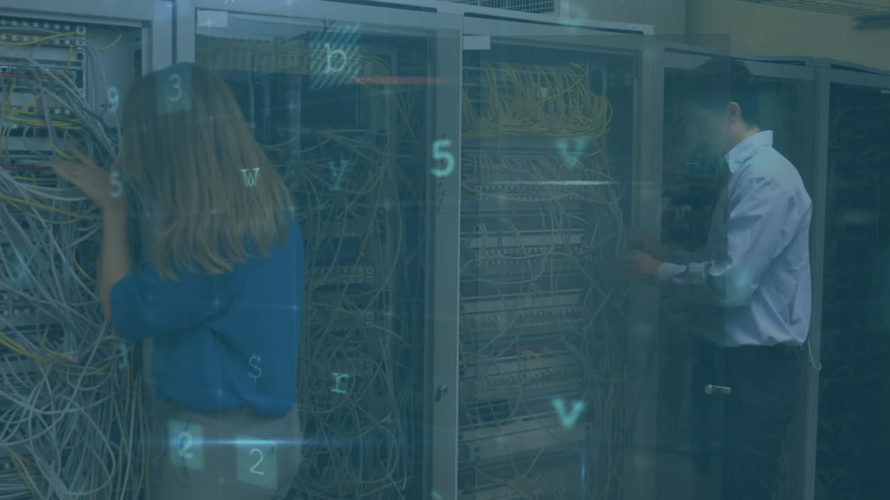 mujer y hombre trabajando en una sala de servidores mientras que los mensajes de seguridad se mueven en primer plano