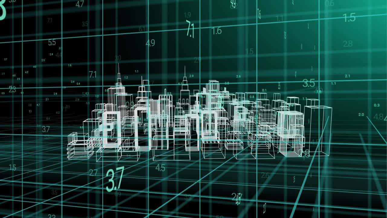 회전하는 3d 현대 도시 풍경 위에 그리드에 대한 데이터 처리의 애니메이션