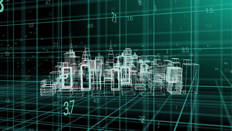 animación del procesamiento de datos en la cuadrícula sobre el paisaje urbano moderno giratorio en 3d