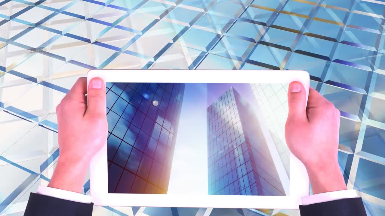 고층 상업 건물을 보여주는 디지털 태블릿 화면의 디지털 애니메이션 4k