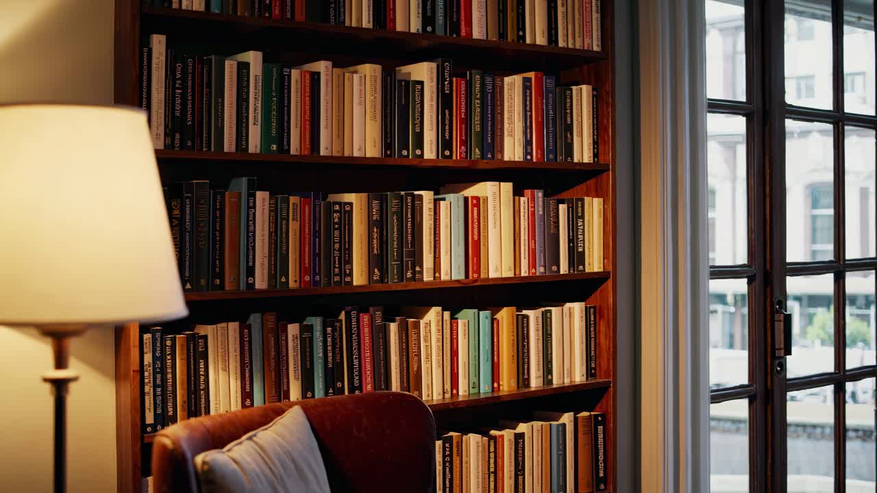 Cozy library corner with bookshelves and armchair, captured from a side angle
