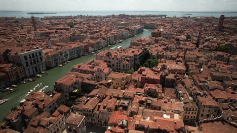 aerial view above architecture and grand canal of venice italy in clear sunlight boats sailing in the european travel destination romantic city