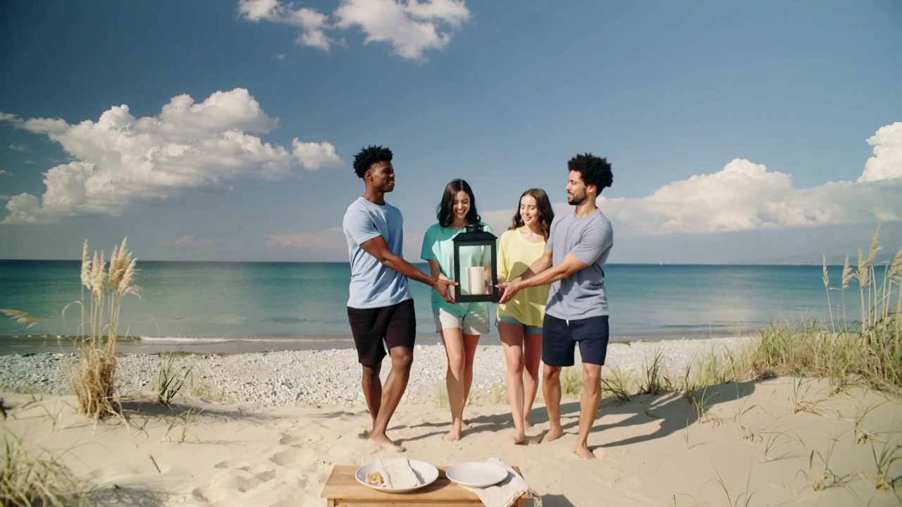 Quattro amici a piedi nudi che sollevano e trasportano una lanterna sulla spiaggia, spostandola in avanti dopo averla presa da una panchina.