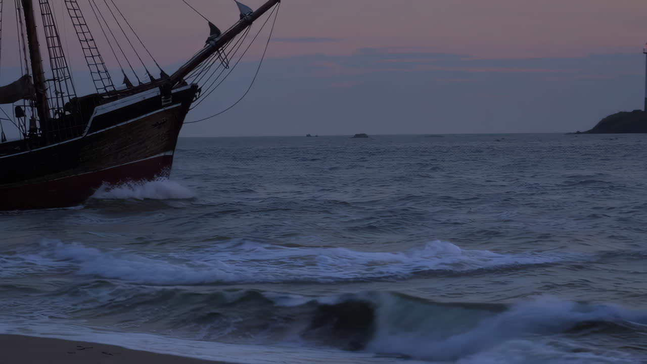 Lighthouse and Sailing Ship at Sunset