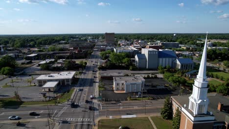 aerial-over-church-steeple-florence-sc,-florence-south-carolina