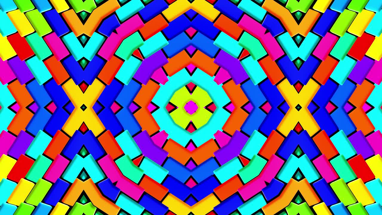 4k fondo en bucle abstracto con estructuras cuadradas simétricas de muchos elementos, bombillas de iluminación, luces de neón multicolores. bucle vj para música, espectáculo festivo o eventos de vacaciones, festivales o conciertos.