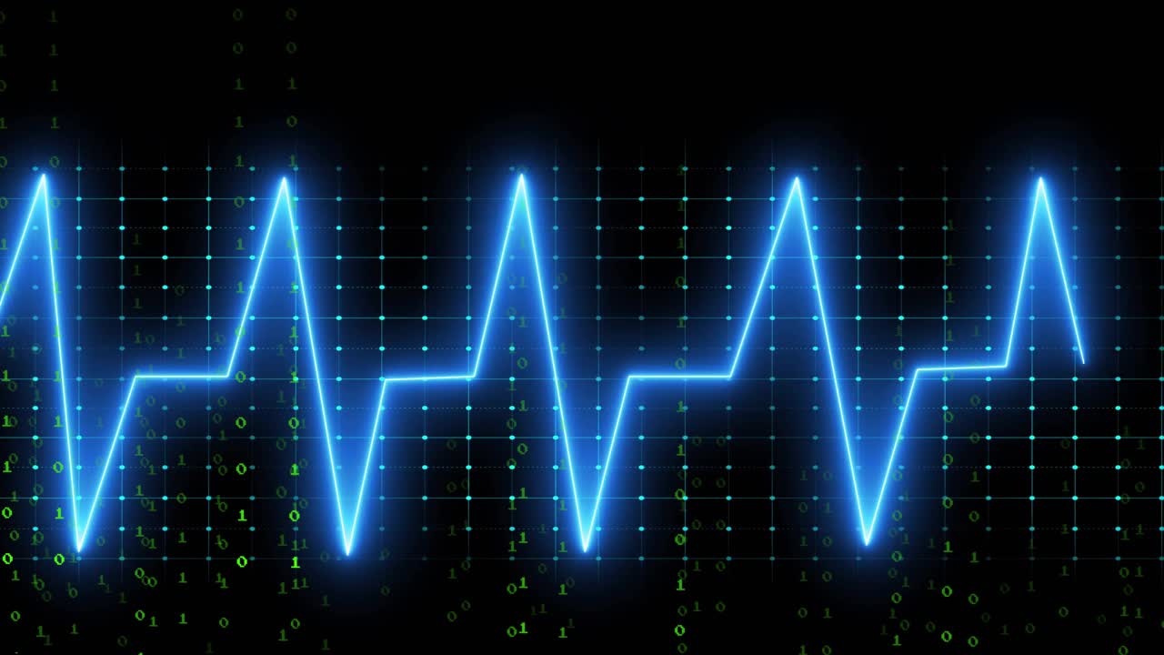 Neonvärinen EKG-aaltomuoto sykkii digitaalisen ruudukon poikki näyttäen putoavia binäärilukuja ja hehkuvia solmuja