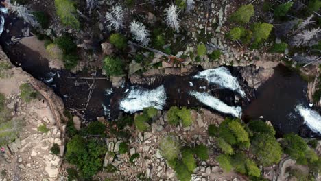 Aerial-drone-top-bird's-eye-view-shot-of-the-beautiful-Provo-Falls-waterfall-in-the-Uinta-Wasatch-Cache-National-Forest-in-Utah-on-an-overcast-summer-evening