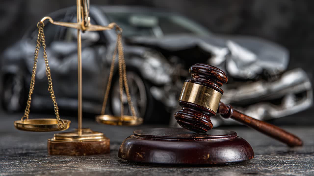 Nel Contesto della Giustizia: Esplorando le conseguenze legali a seguito di un incidente stradale con bilancia e martelletto che simboleggiano la legge e l'ordine