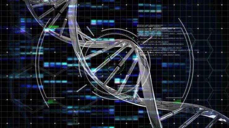 Metallic DNA double helix floating across screen, showing neon streaks with code panels and grid