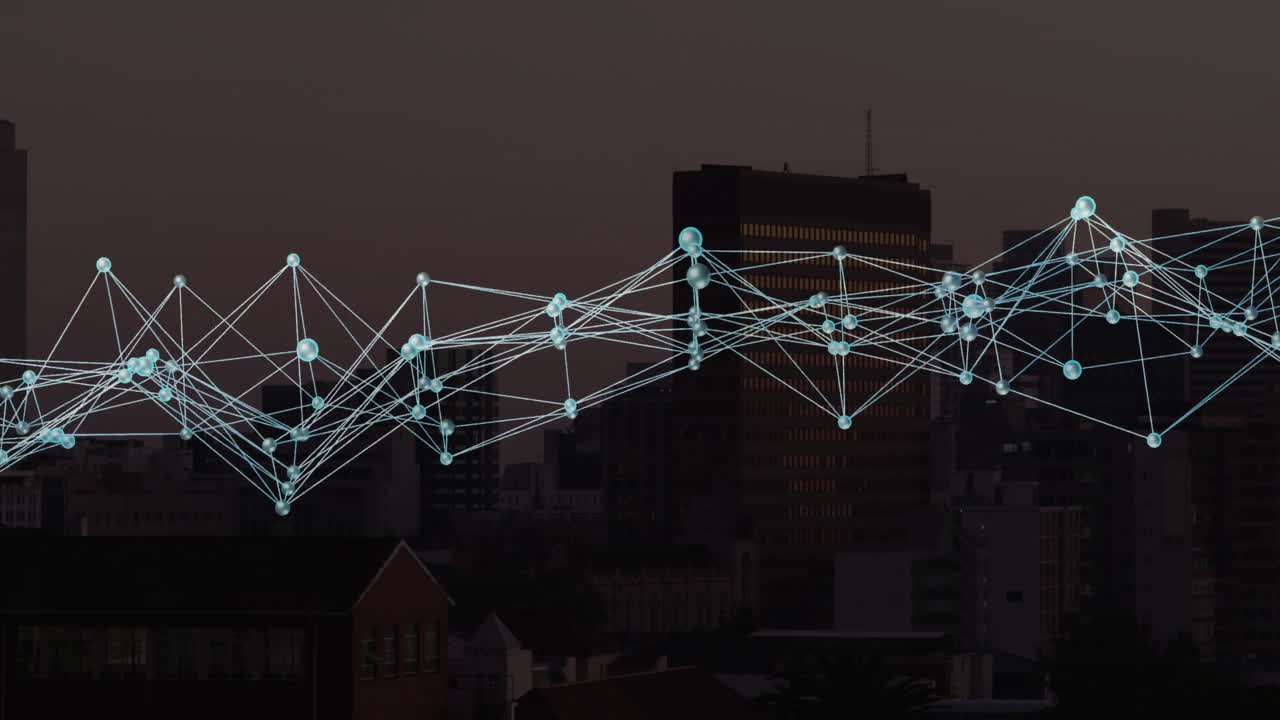 Network of connections and data processing animation over cityscape at dusk