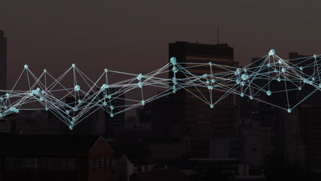 network of connections and data processing animation over cityscape at dusk